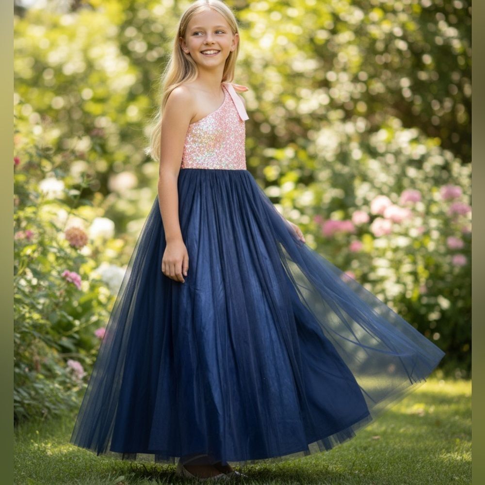 🌟 Youth (Big Girl) Poppies and Roses Elegant One Shoulder Sequin Tulle Gown